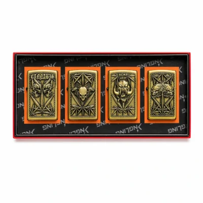 Jantai Vintage Gold Cannabis Leaf Skull Design Metal Windproof Lighter Set 4 Piece Collection