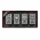 Jantai Silver Engraved Skull Cannabis Design Metal Windproof Lighter Set 4 Piece Collection