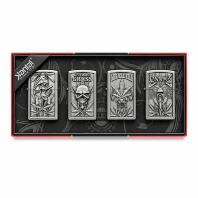 Jantai Silver Engraved Skull Cannabis Design Metal Windproof Lighter Set 4 Piece Collection