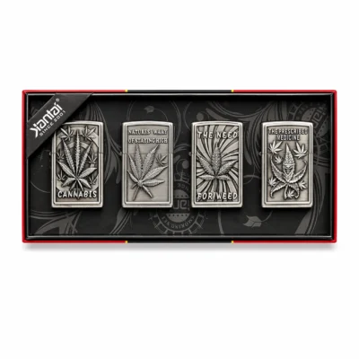 Jantai Silver Cannabis Leaf Engraved Metal Windproof Lighter Set 4 Piece Collection