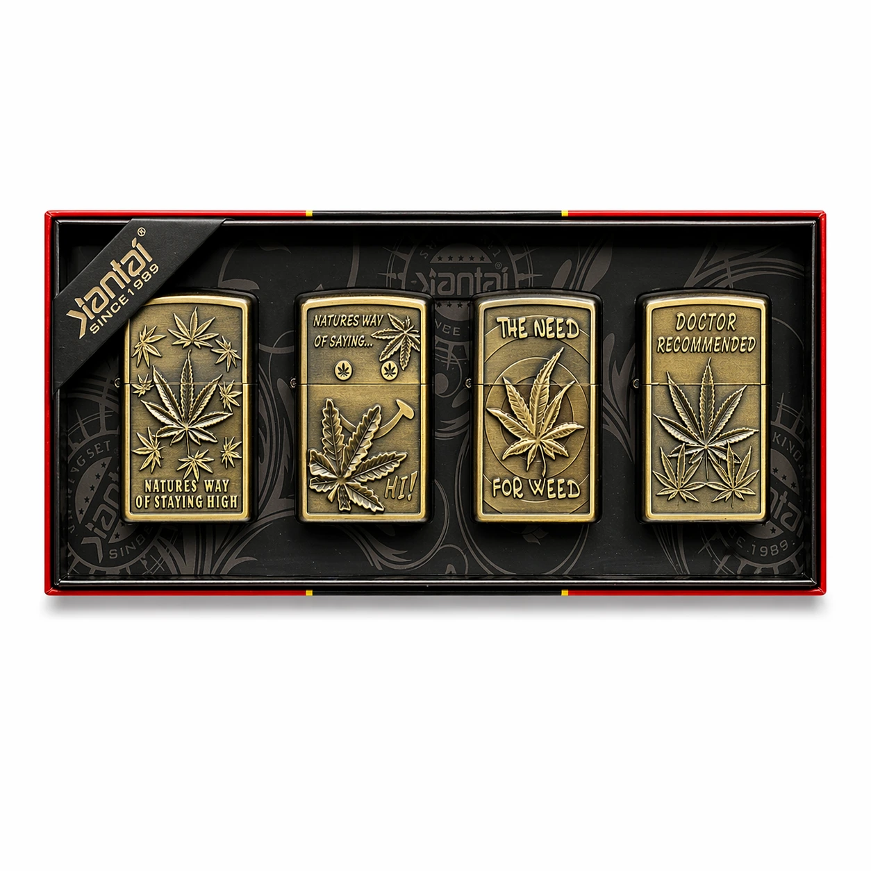 Jantai Antique Gold Cannabis Engraved Windproof Metal Lighter Set 4 Piece Collection