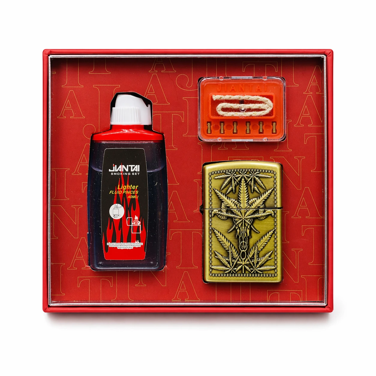 Jantai Complete Smoking Kit Antique Gold Cannabis Metal Lighter with Fluid and Accessories