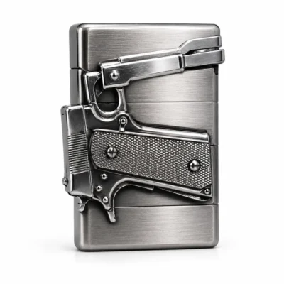 Premium Silver Pistol Shape Metal Lighter Vintage Windproof Pocket Flame Design